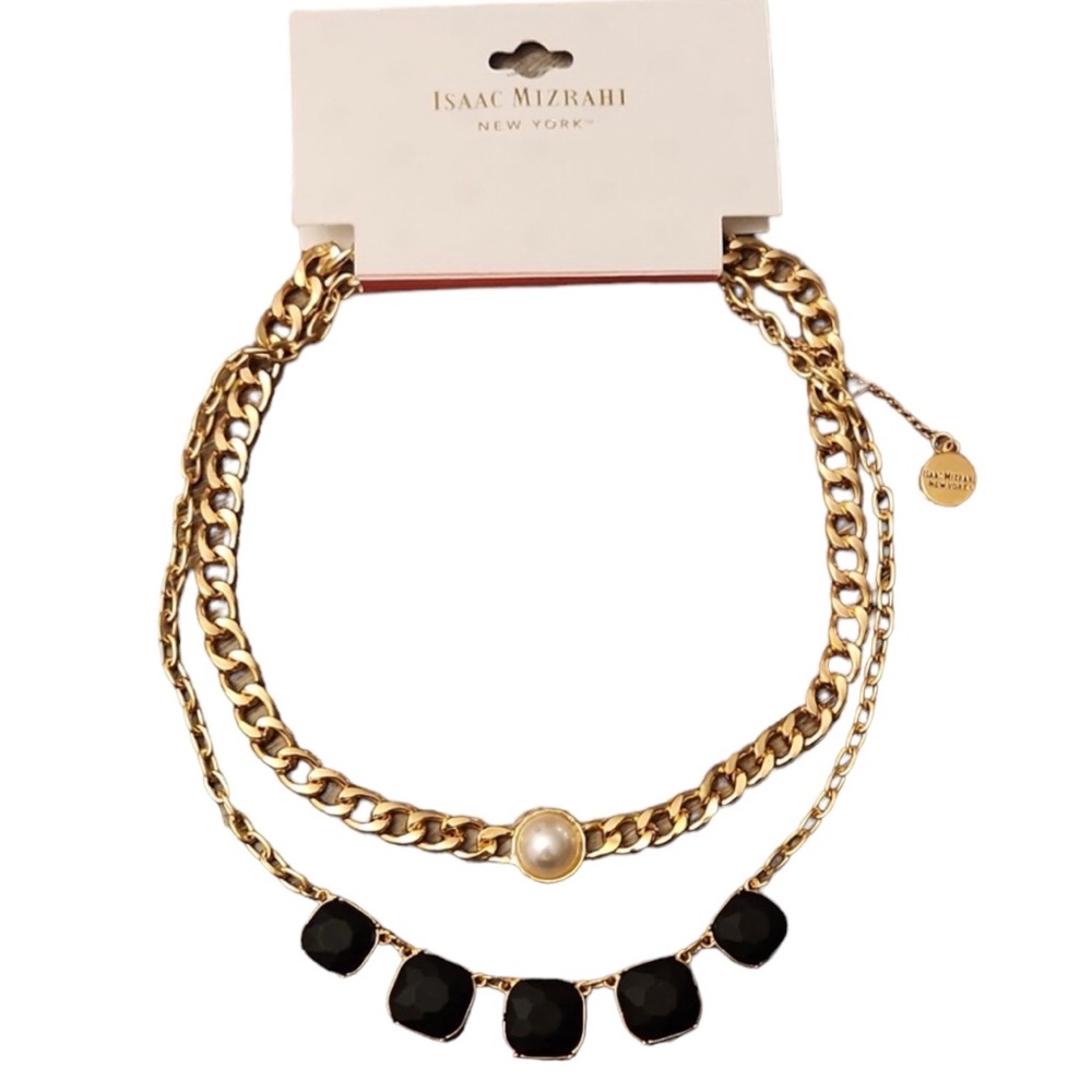 Isaac Mizrahi New York Faux Pearl & Black Stone Gold Tone Necklace